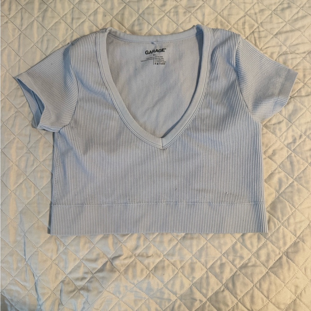 Garage Sky Blue Ribbed V-Neck Tee